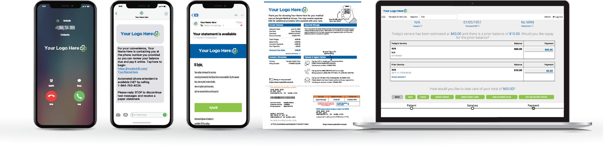 Z Suite Medical billing communication shown across devices, including phone call, text, email, paper statement, and online portal on laptop.