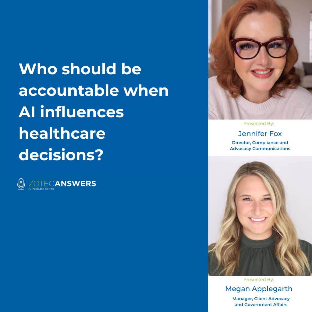 Designed graphic showcasing Jennifer Fox and Megan Applegarth with title "Who should be accountable when AI influences healthcare decisions?"