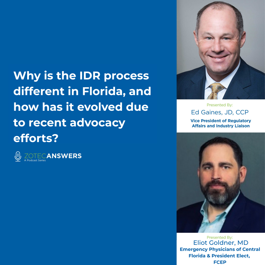 Design podcast graphic for "Why is the IDR process different in Florida, and how has it evolved due to recent advocacy efforts?"